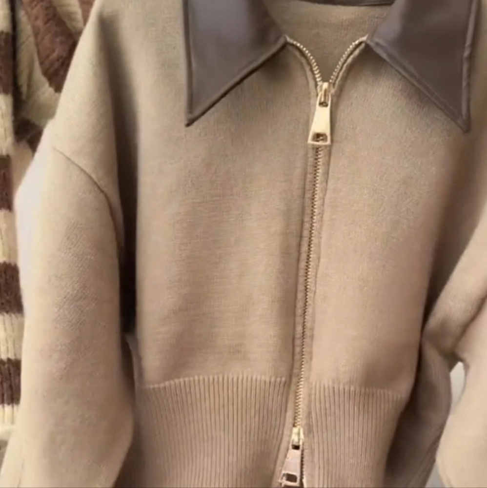 Collar Knit Sweater Fashion Double Zipper Cardigan - Picture 3 of 8